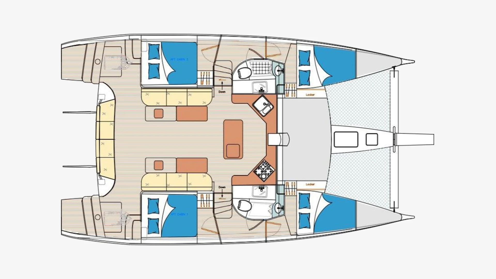 Island Spirit 410 catamaran layout plan with four double cabins, two heads, a galley, saloon and cockpit
