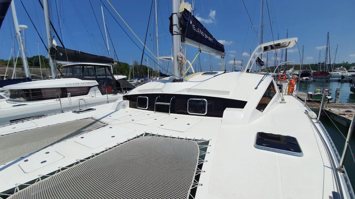 The foredeck and trampoline on Melinda Jane, an Island Spirit 410 catamaran