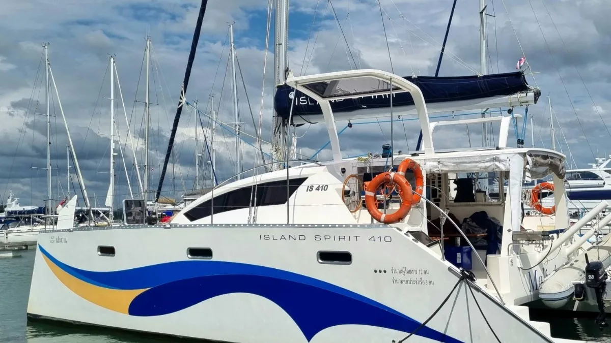 Melinda Jane, an Island Spirit 410 catamaran, moored in the marina