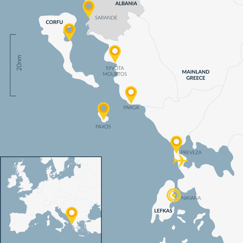 Corfu & Albania milebuilder sailing route map from Kefalonia via Paxos and Corfu to Sarande