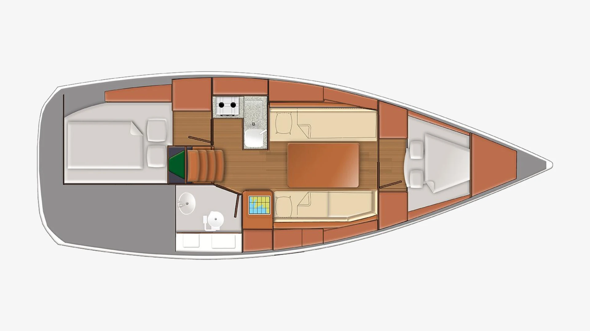 Sun Odyssey 319 layout plan with an aft double cabin, heads, galley, saloon and a forward double cabin