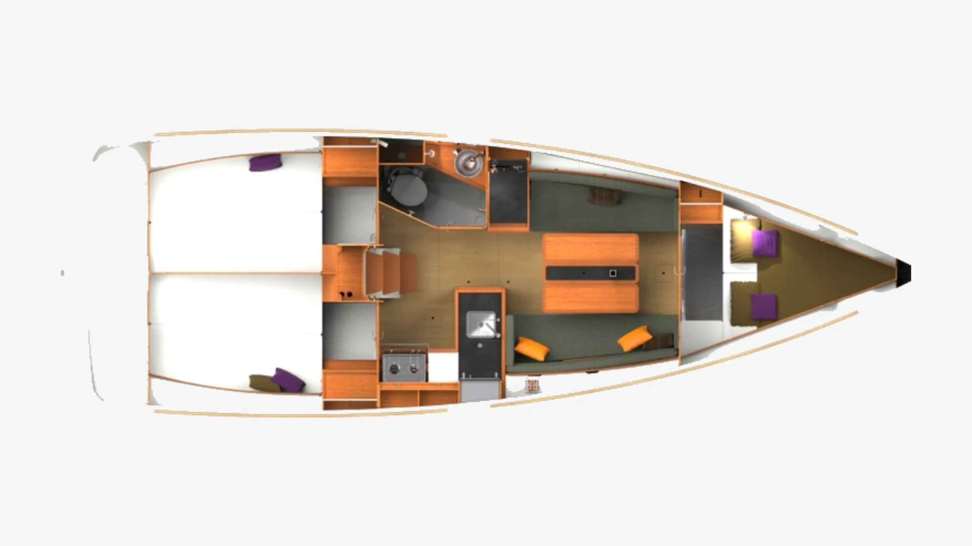 Sun Odyssey 349 layout plan with two aft double cabins, heads, galley, saloon and a forward double cabin