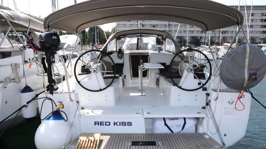 The cockpit and twin wheels of a Sun Odyssey 380