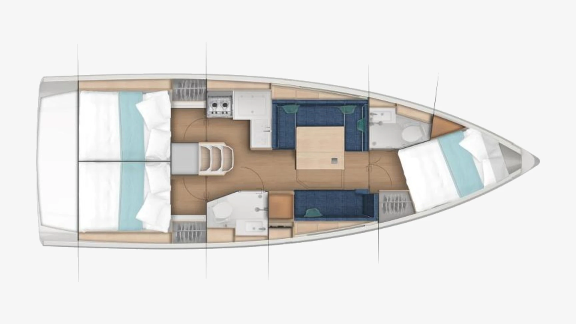 Sun Odyssey 380 layout plan with two aft double cabins, two heads, a galley, saloon and a forward double cabin