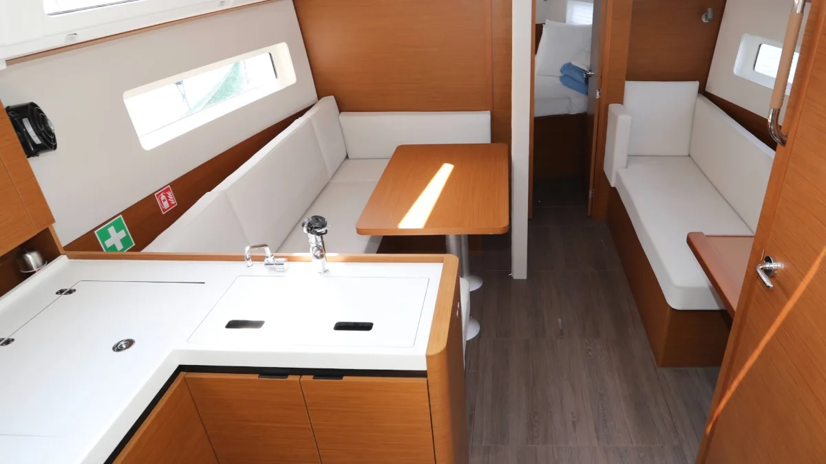 The galley and saloon of a Sun Odyssey 380
