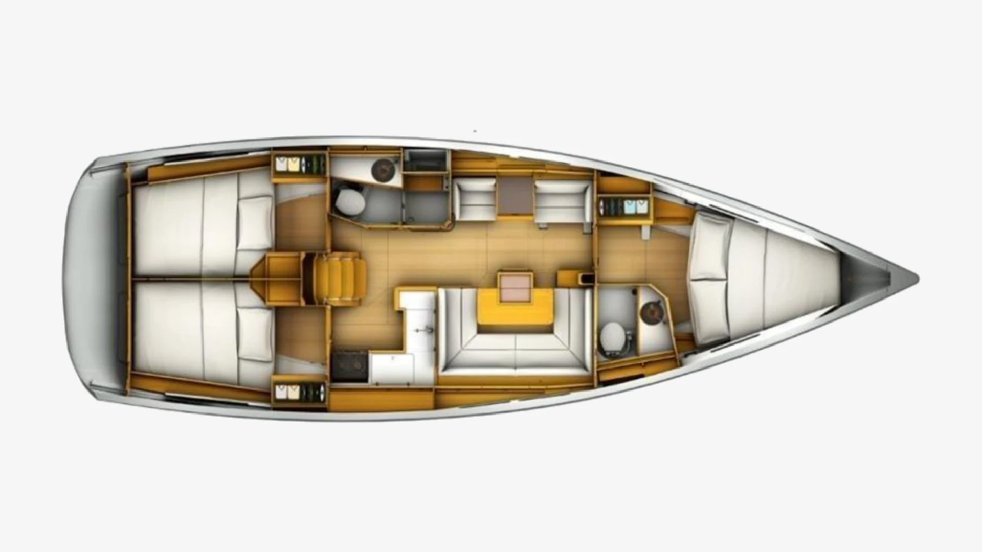 Sun Odyssey 409 layout plan with two aft double cabins, two heads, a galley, saloon and a forward double cabin
