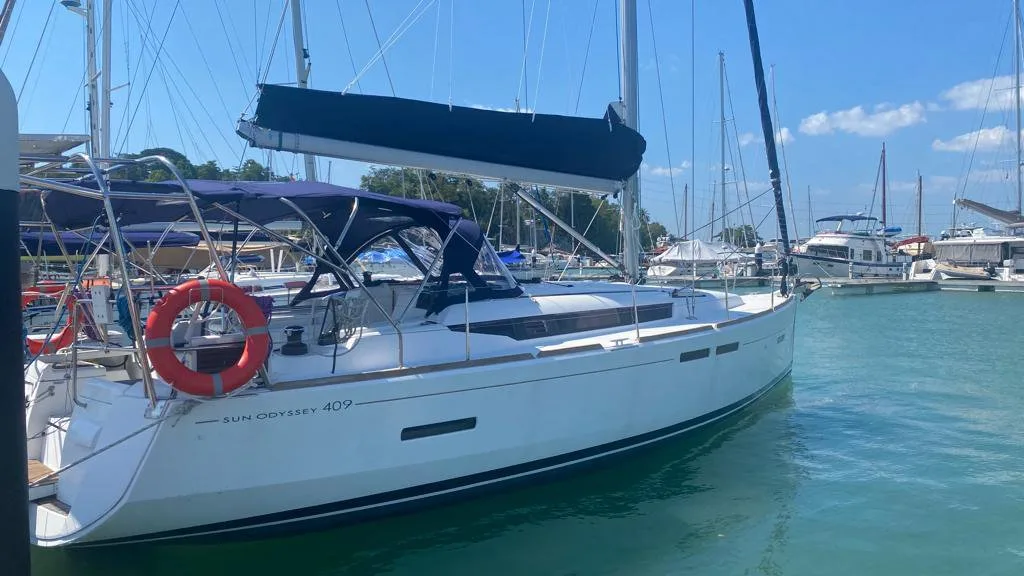 Cavalier, a Sun Odyssey 409, moored in the marina