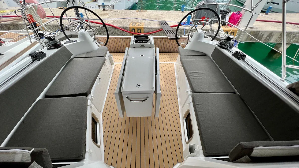 The cockpit of a Sun Odyssey 410, looking aft to the twin wheels