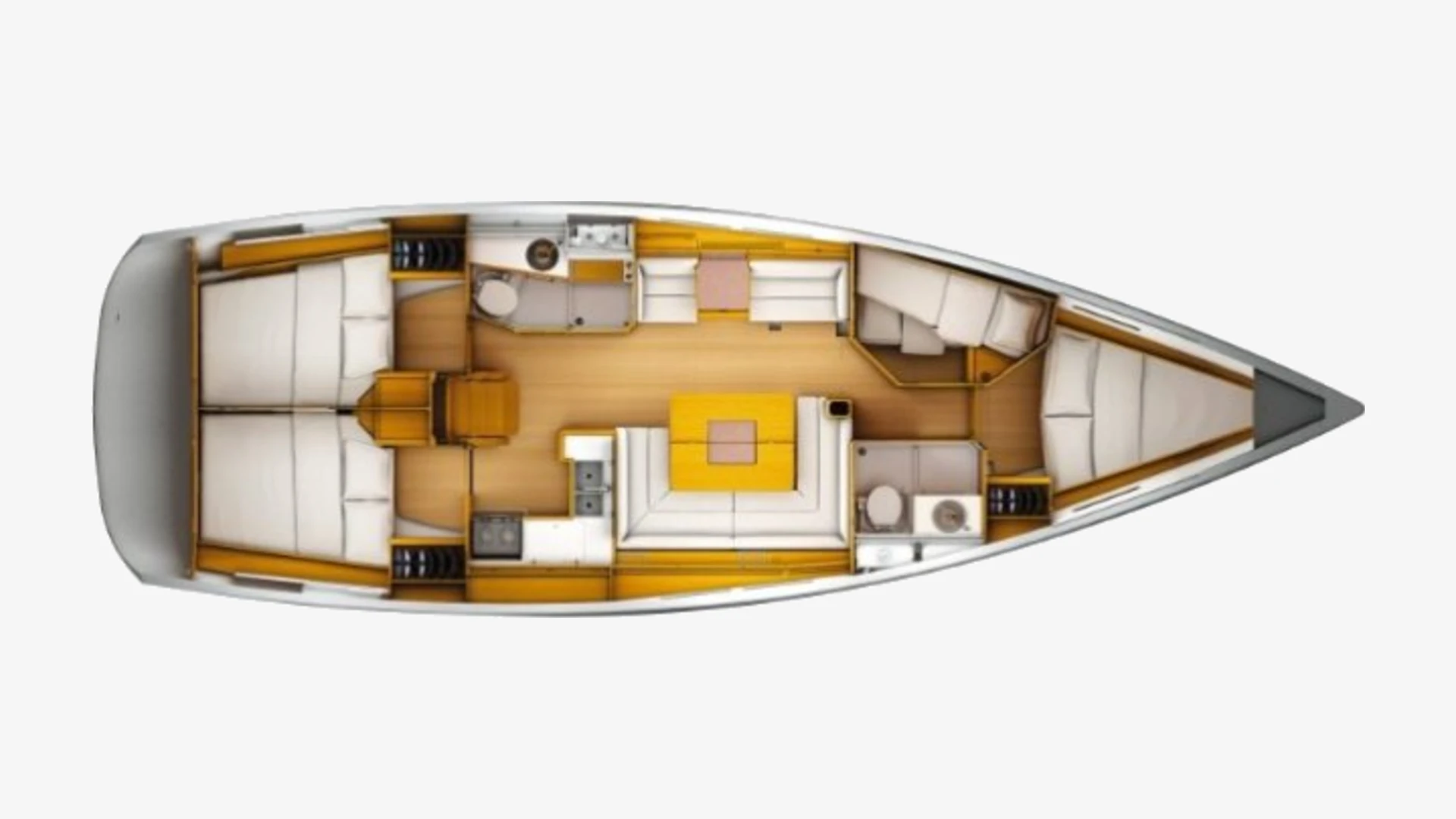 Sun Odyssey 449 layout plan with two aft double cabins, a bunk cabin, two heads, a galley, saloon and a forward double cabin