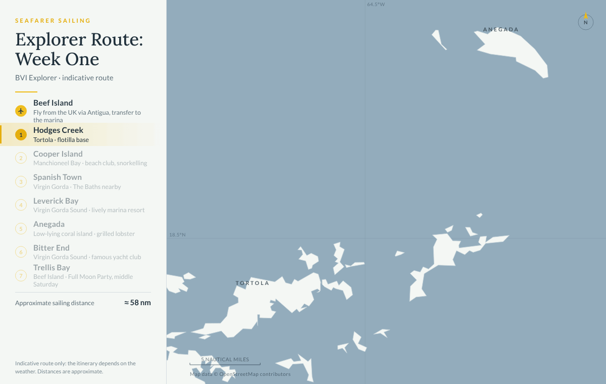 Animated map of an indicative first week of the BVI explorer flotilla: from Hodges Creek Marina on Tortola to Cooper Island, Spanish Town on Virgin Gorda, Leverick Bay, Anegada, Bitter End and Trellis Bay, about 58 nautical miles