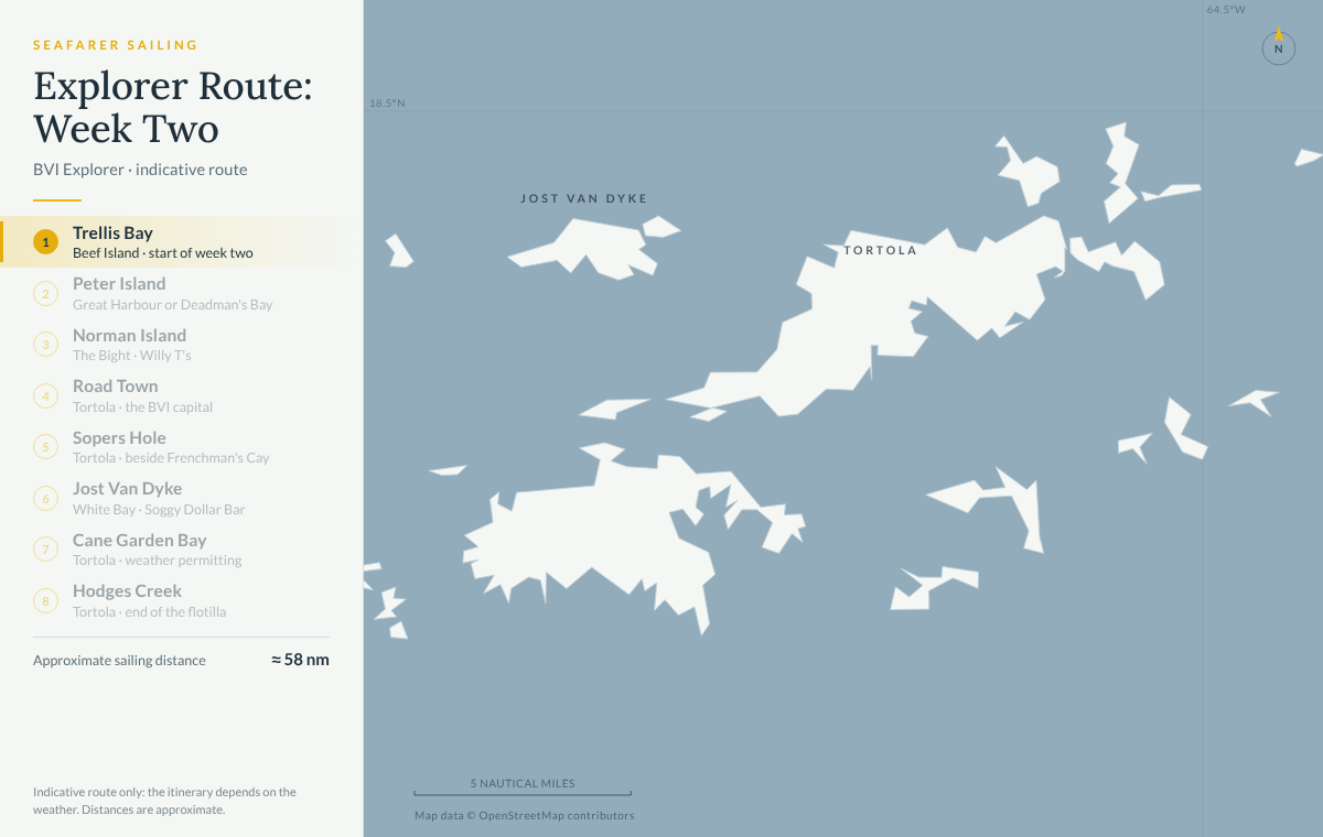 Animated map of an indicative second week of the BVI explorer flotilla: from Trellis Bay to Peter Island, Norman Island, Road Town, Sopers Hole, White Bay on Jost Van Dyke, Cane Garden Bay and back to Hodges Creek, about 58 nautical miles