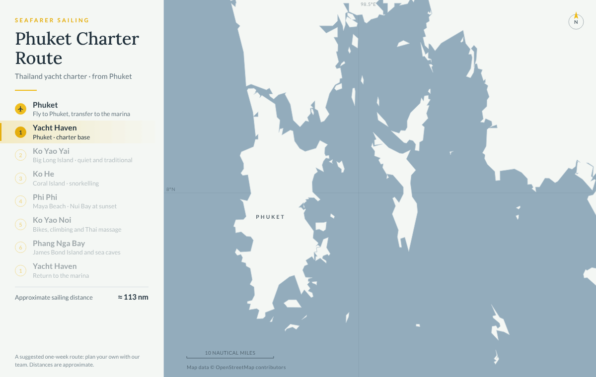 Animated map of a suggested one-week yacht charter route from Yacht Haven Marina on Phuket to Ko Yao Yai, Ko He, the Phi Phi islands, Ko Yao Noi and Phang Nga Bay, then back to Yacht Haven, about 113 nautical miles