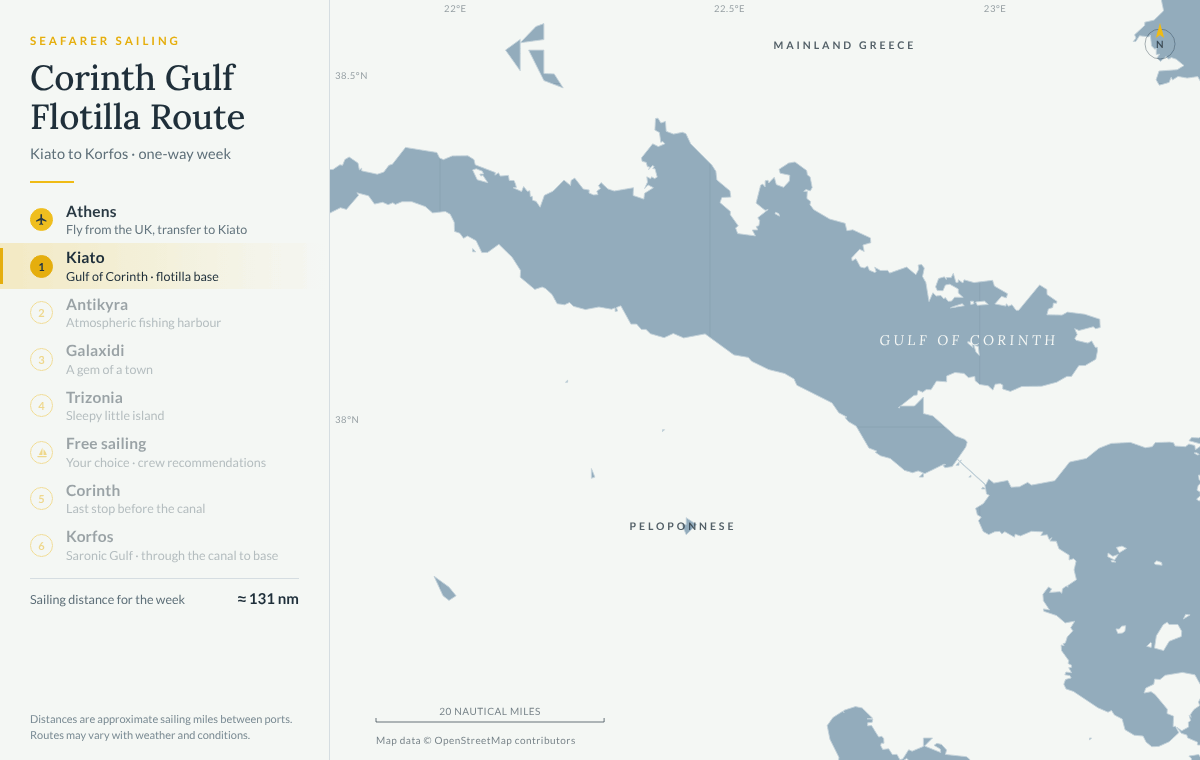 Animated map of the Corinth Gulf route: from Kiato to Antikyra, Galaxidi and Trizonia, a free-sailing day, Corinth and through the Corinth Canal to Korfos in the Saronic Gulf, about 131 nautical miles