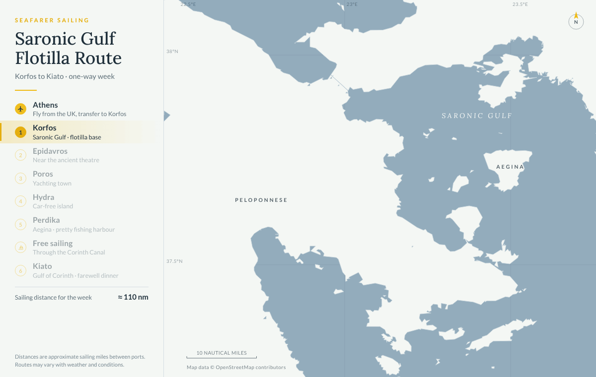 Animated map of the Saronic Gulf route on our Saronic Gulf flotilla: from Korfos to Epidavros, Poros, Hydra and Perdika on Aegina, then through the Corinth Canal to Kiato, about 110 nautical miles