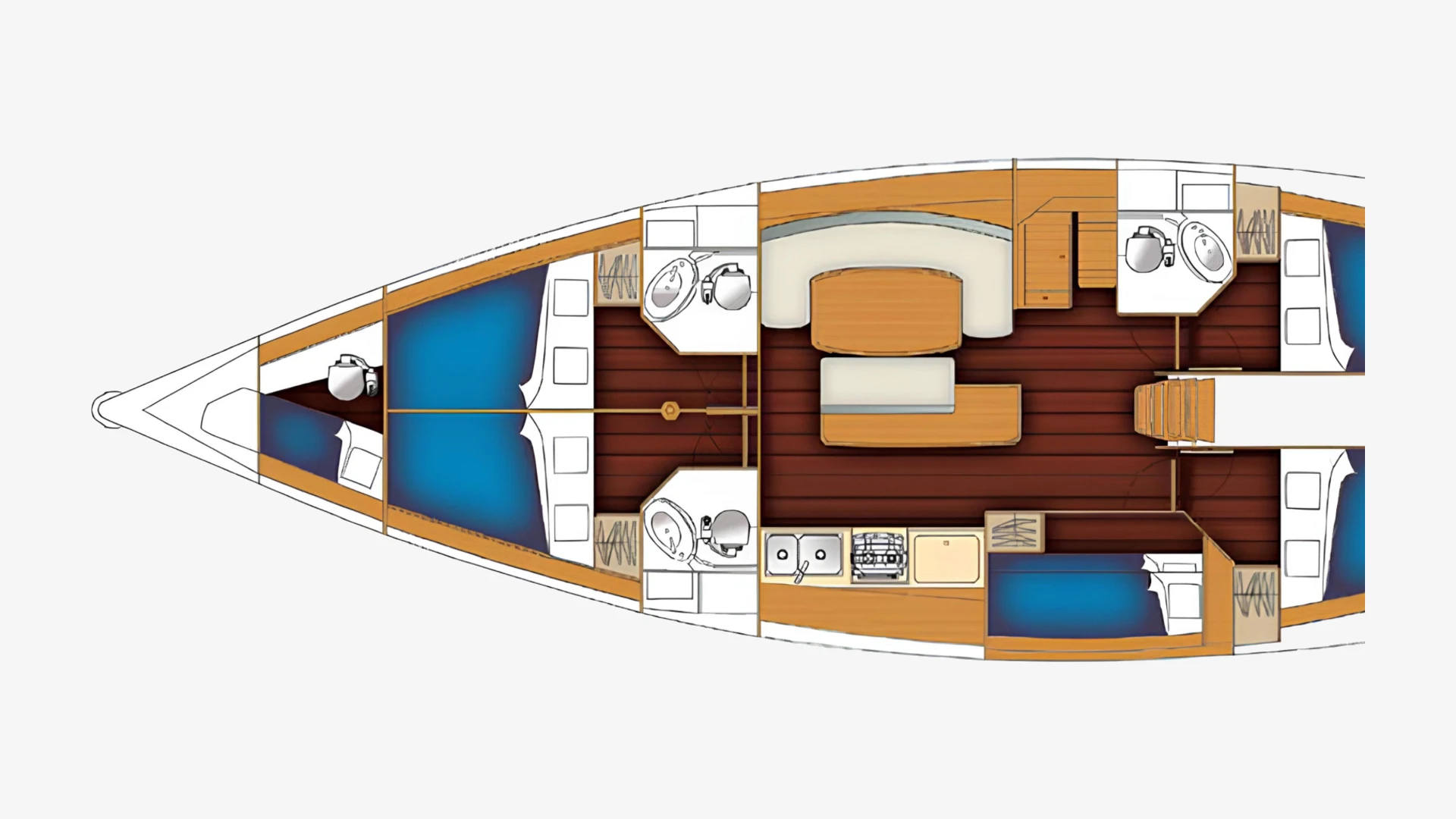 Cyclades 50.5 layout plan showing the cabins, heads, galley and saloon