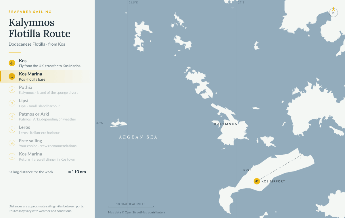 Animated map of the Kalymnos route on our Dodecanese flotilla from Kos Marina: Pothia on Kalymnos, Lipsi, Patmos or Arki, Leros, a free-sailing day and back to Kos, about 110 nautical miles in the week
