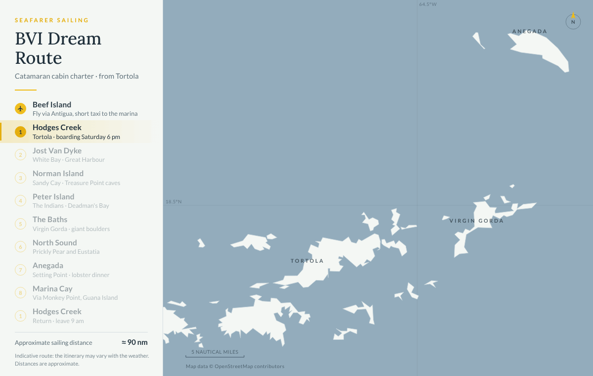 Animated map of the BVI Dream catamaran cruise: from Hodges Creek on Tortola to Jost Van Dyke, Norman Island, Peter Island, The Baths on Virgin Gorda, North Sound, Anegada and Marina Cay, then back to Hodges Creek, about 90 nautical miles