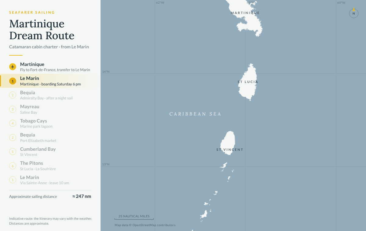 Animated map of the Martinique Dream catamaran cruise: from Le Marin on Martinique to Bequia, Mayreau, the Tobago Cays, Bequia again, Cumberland Bay on St Vincent and the Pitons on St Lucia, then back to Le Marin, about 247 nautical miles