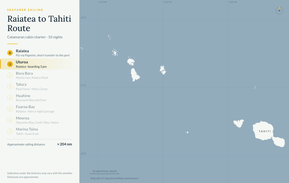 Animated map of the 10-night Tahiti Dream catamaran cruise: from Uturoa on Raiatea to Bora Bora, Taha’a, Huahine, Faaroa Bay on Raiatea, Moorea and Marina Taina on Tahiti, about 204 nautical miles