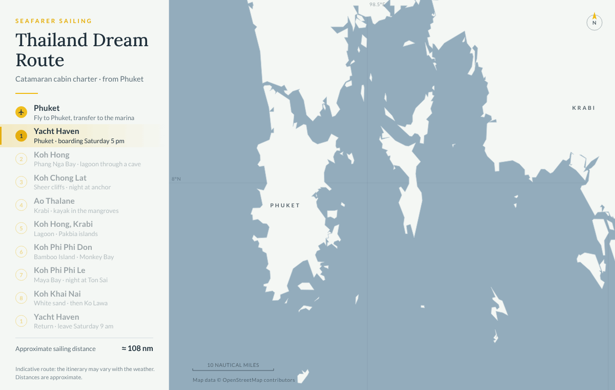 Animated map of the Thailand Dream catamaran cruise: from Yacht Haven on Phuket to Koh Hong in Phang Nga Bay, Koh Chong Lat, Ao Thalane, Koh Hong near Krabi, Koh Phi Phi Don, Koh Phi Phi Le and Koh Khai Nai, then back to Yacht Haven, about 108 nautical miles