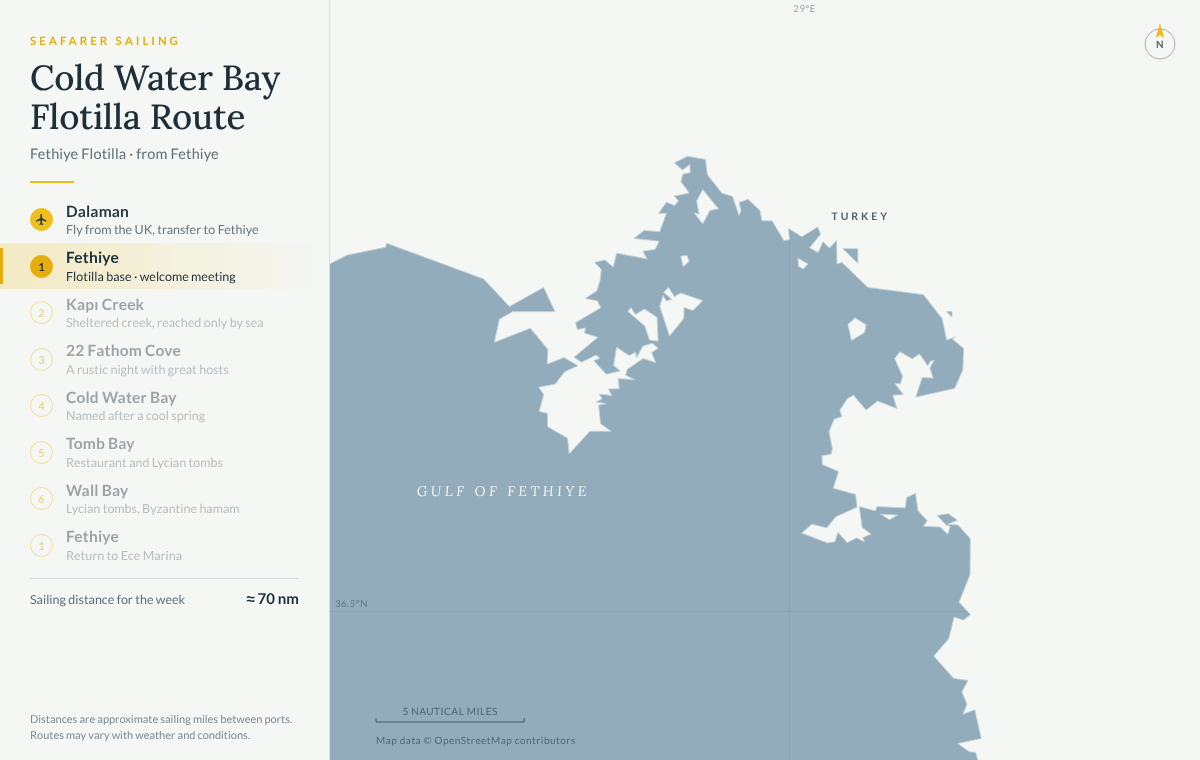 Animated map of the Fethiye flotilla Cold Water Bay route from Fethiye: Kapı Creek, 22 Fathom Cove, Cold Water Bay, Tomb Bay, Wall Bay and back to Fethiye, about 70 nautical miles