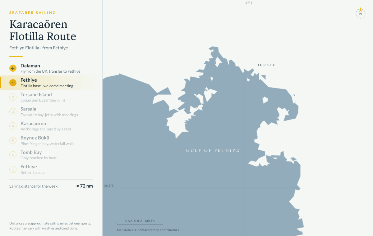 Animated map of the Fethiye flotilla Karacaören route from Fethiye: Tersane Island, Sarsala, Karacaören, Boynuz Bükü, Tomb Bay and back to Fethiye, about 72 nautical miles