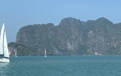 Flotilla yacht sailing past limestone islands, Phang Nga Bay A flotilla yacht sailing past limestone islands in Phang Nga Bay, Thailand