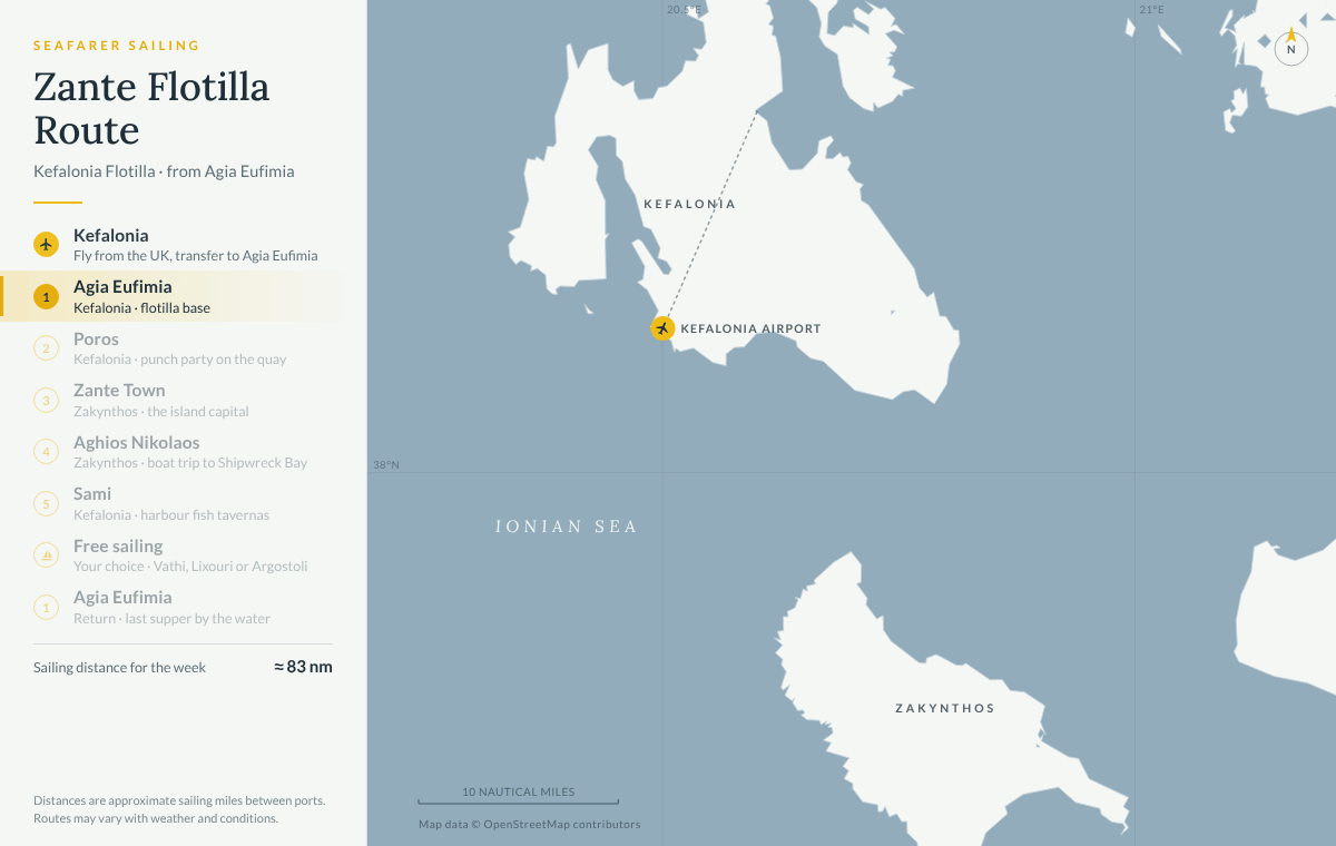 Animated map of the Zante route on our Kefalonia flotilla from Agia Eufimia: Poros on Kefalonia, Zante Town and Aghios Nikolaos on Zakynthos, Sami on Kefalonia, a free-sailing day and back to Agia Eufimia, about 83 nautical miles in the week