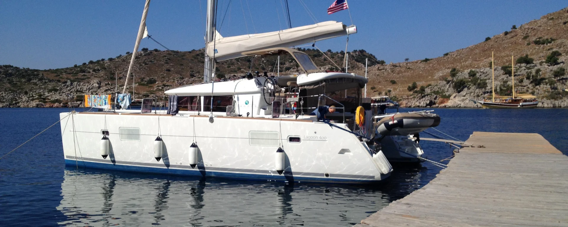 The Lagoon 400 catamaran moored on the Turkish coast