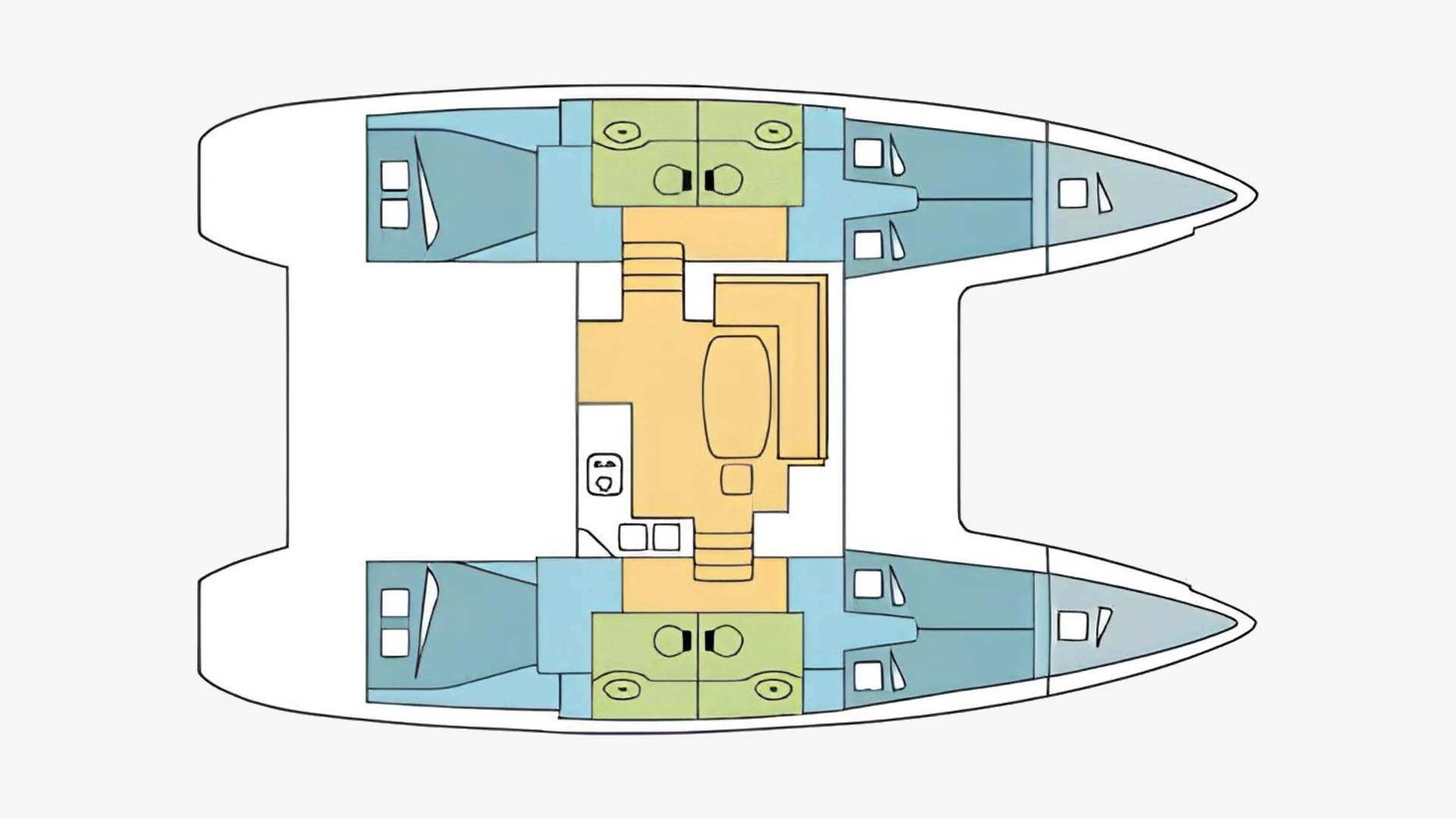Lagoon 400 layout plan showing the cabins, heads, galley and saloon