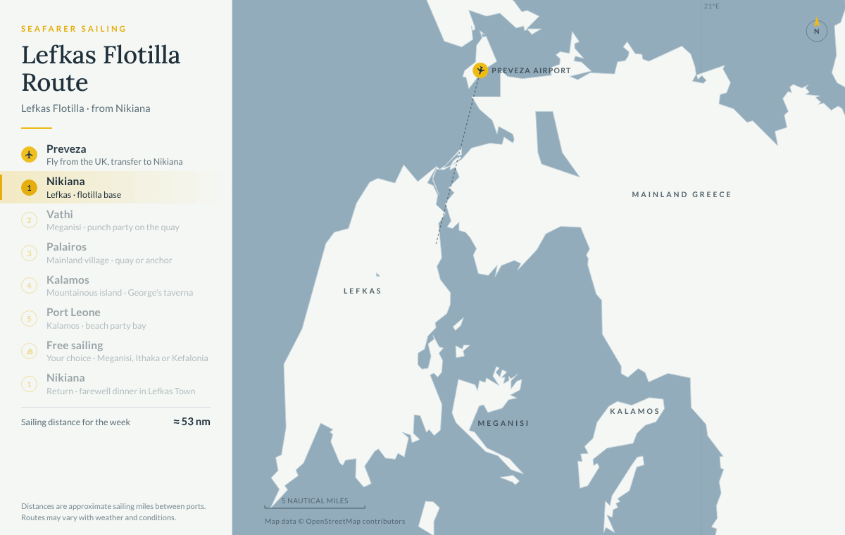 Animated map of the Lefkas route on our Ionian flotilla from Nikiana, Lefkas: Vathi on Meganisi, Palairos on the mainland, Kalamos, Port Leone, a free-sailing day and back to Nikiana, about 53 nautical miles in the week