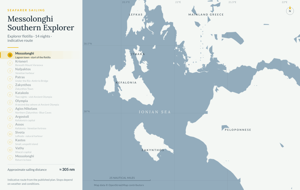 Animated map of the Messolonghi Southern Explorer flotilla: from Messolonghi to Krioneri, Nafpaktos, Patras, Zakynthos Town, Katakolo for Ancient Olympia, Agios Nikolaos on Zakynthos, Argostoli and Assos on Kefalonia, Sivota on Lefkada, Kastos and Vathy on Ithaca, and back to Messolonghi, about 305 nautical miles