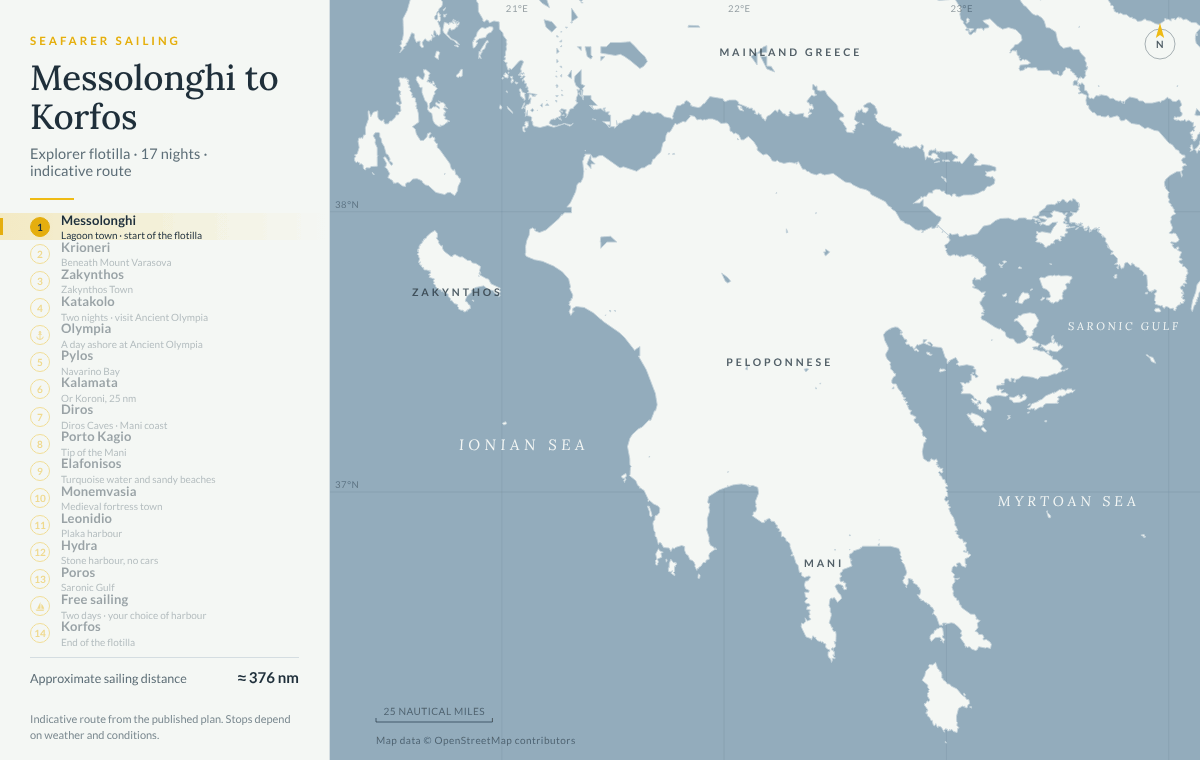 Animated map of the Messolonghi to Korfos explorer flotilla: from Messolonghi to Krioneri, Zakynthos Town, Katakolo for Ancient Olympia, Pylos, Kalamata, the Diros Caves, Porto Kagio, Elafonisos, Monemvasia, Leonidio, Hydra and Poros, then Korfos, about 376 nautical miles