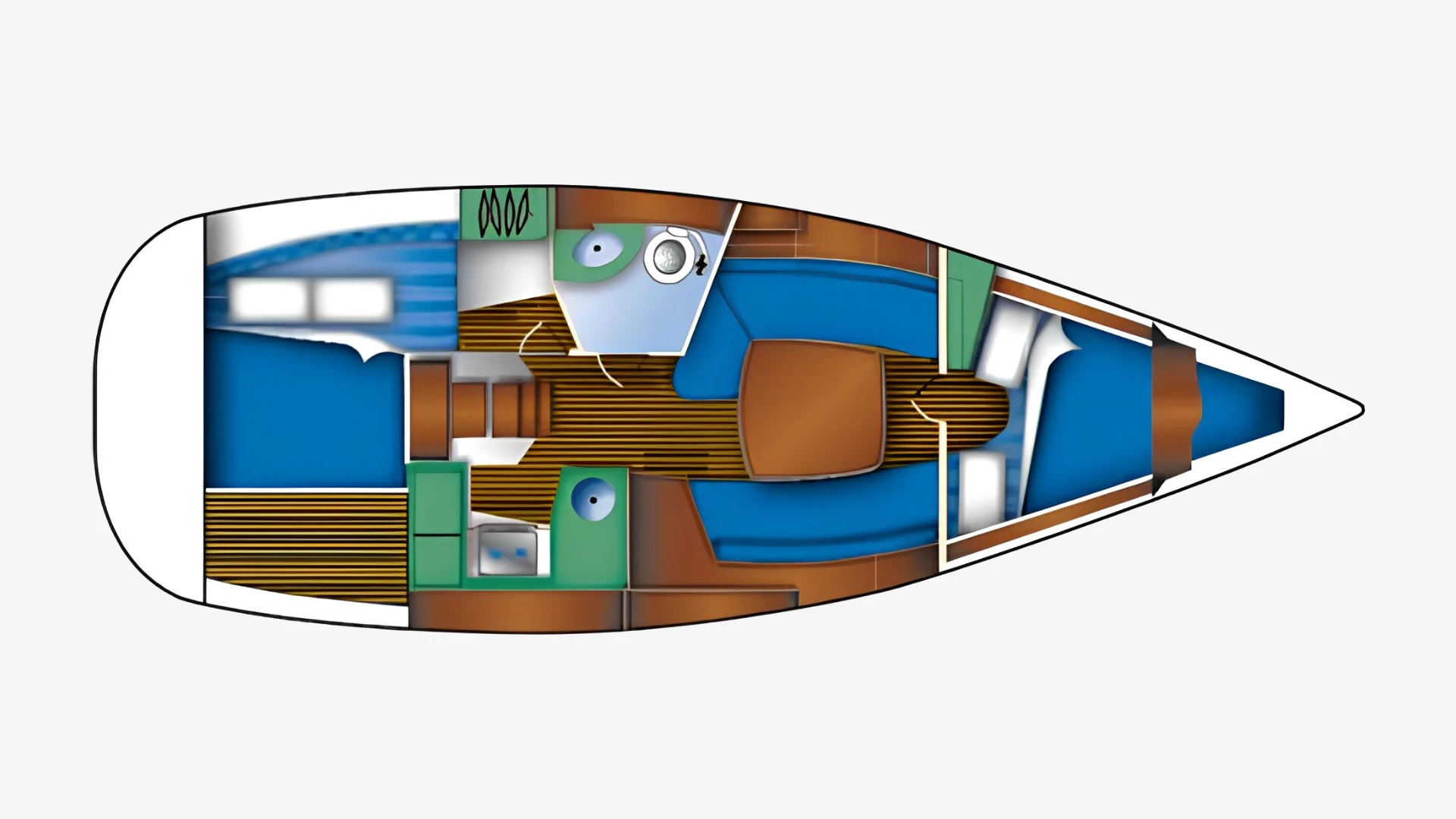 Oceanis 323 layout plan showing the cabins, heads, galley and saloon