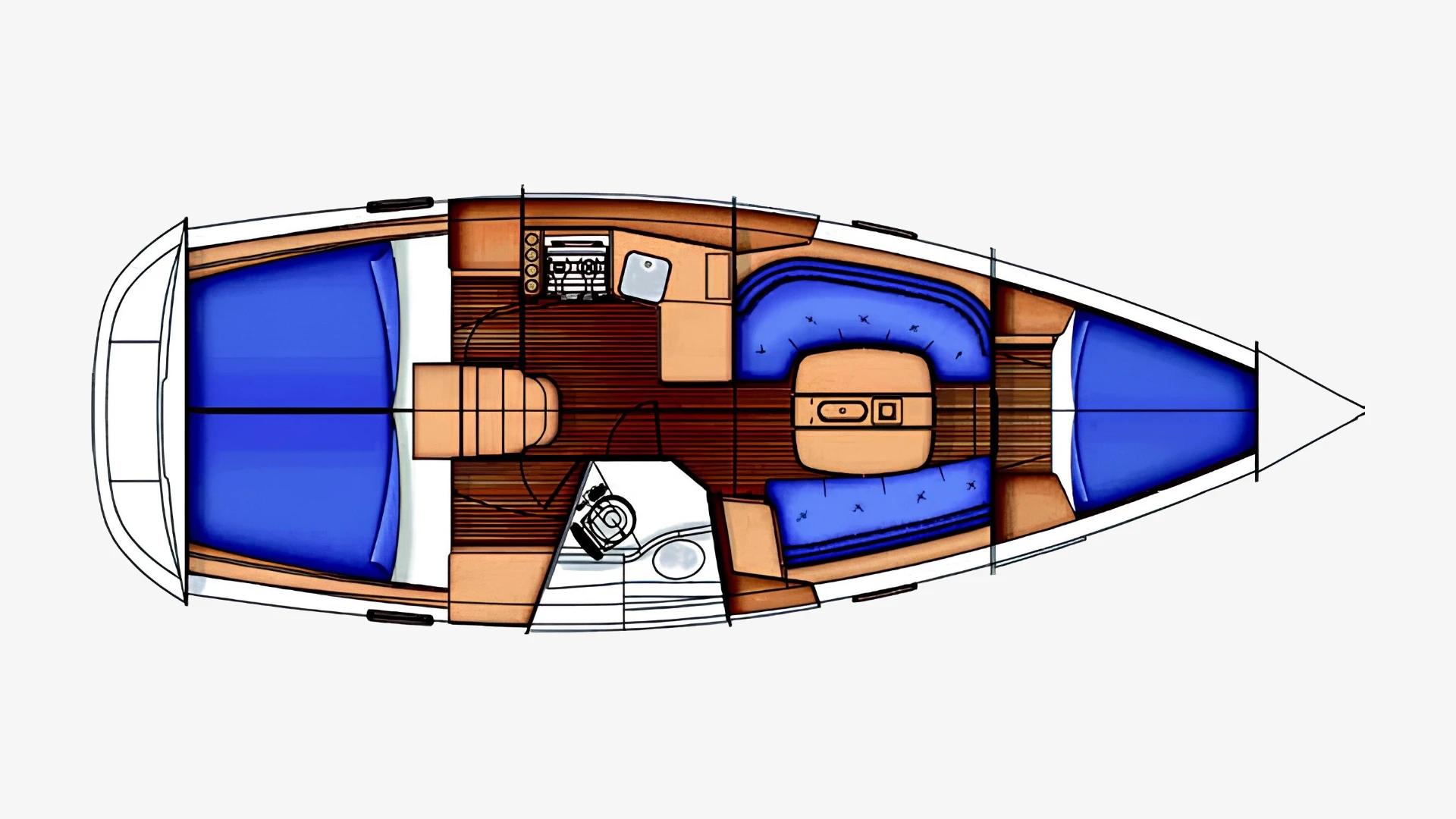 Oceanis 343 layout plan showing the cabins, heads, galley and saloon