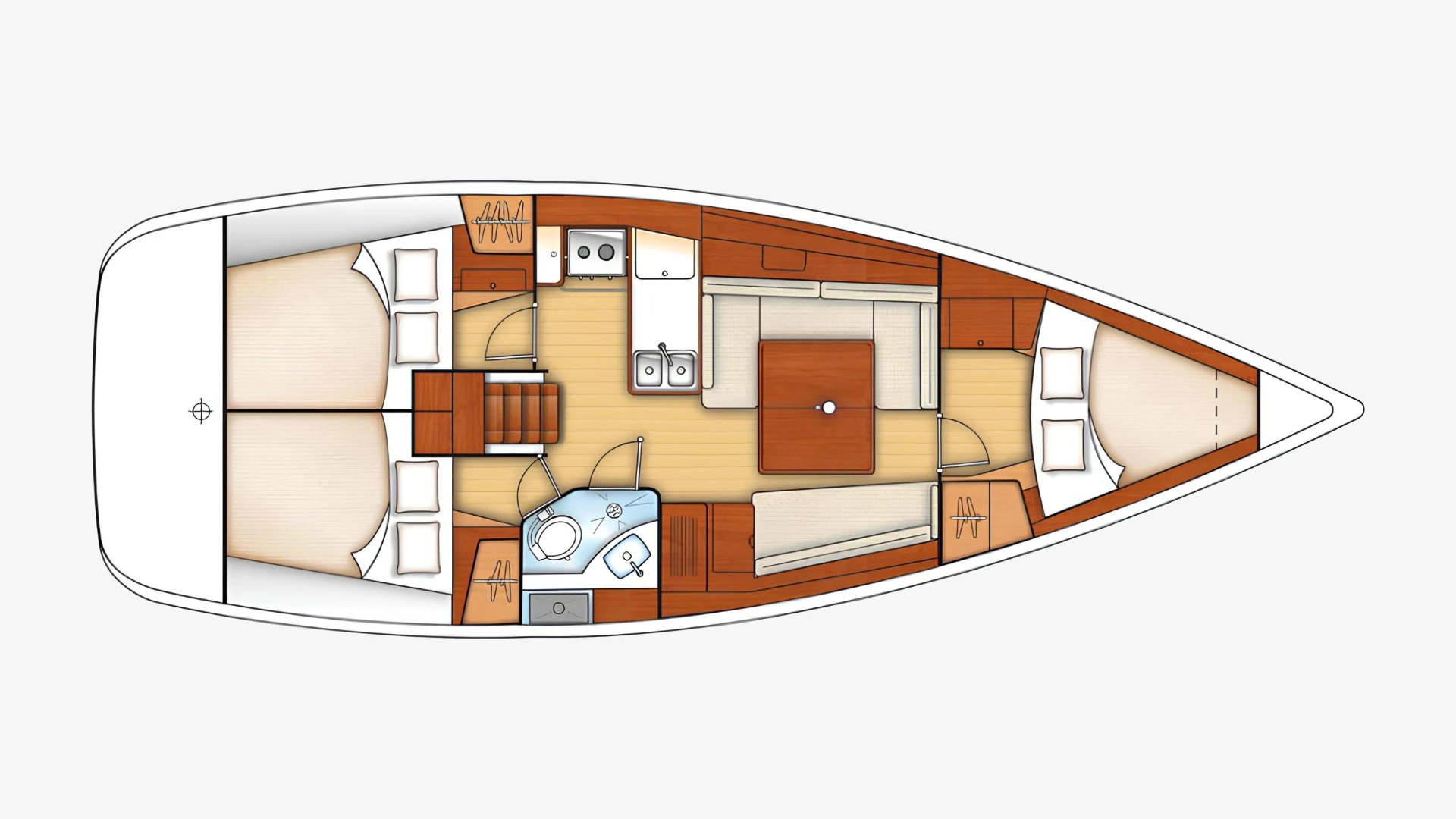 Oceanis 37 layout plan showing the cabins, heads, galley and saloon