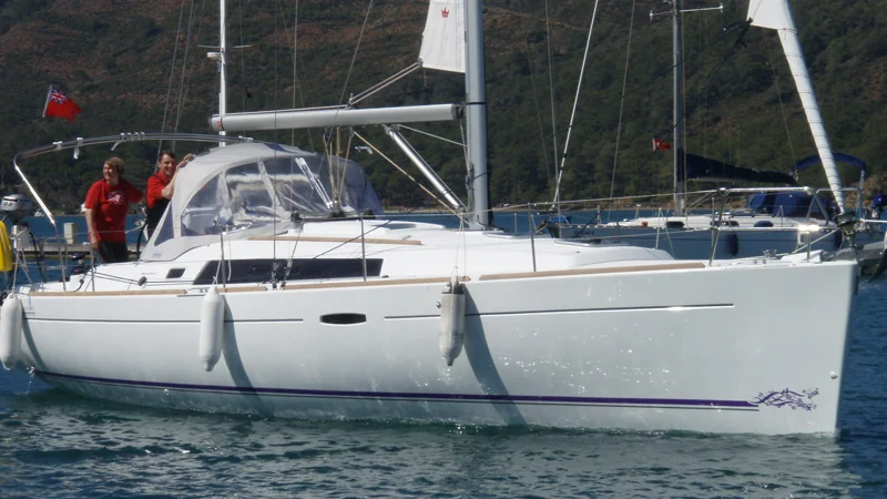 The Oceanis 37 moored in a bay