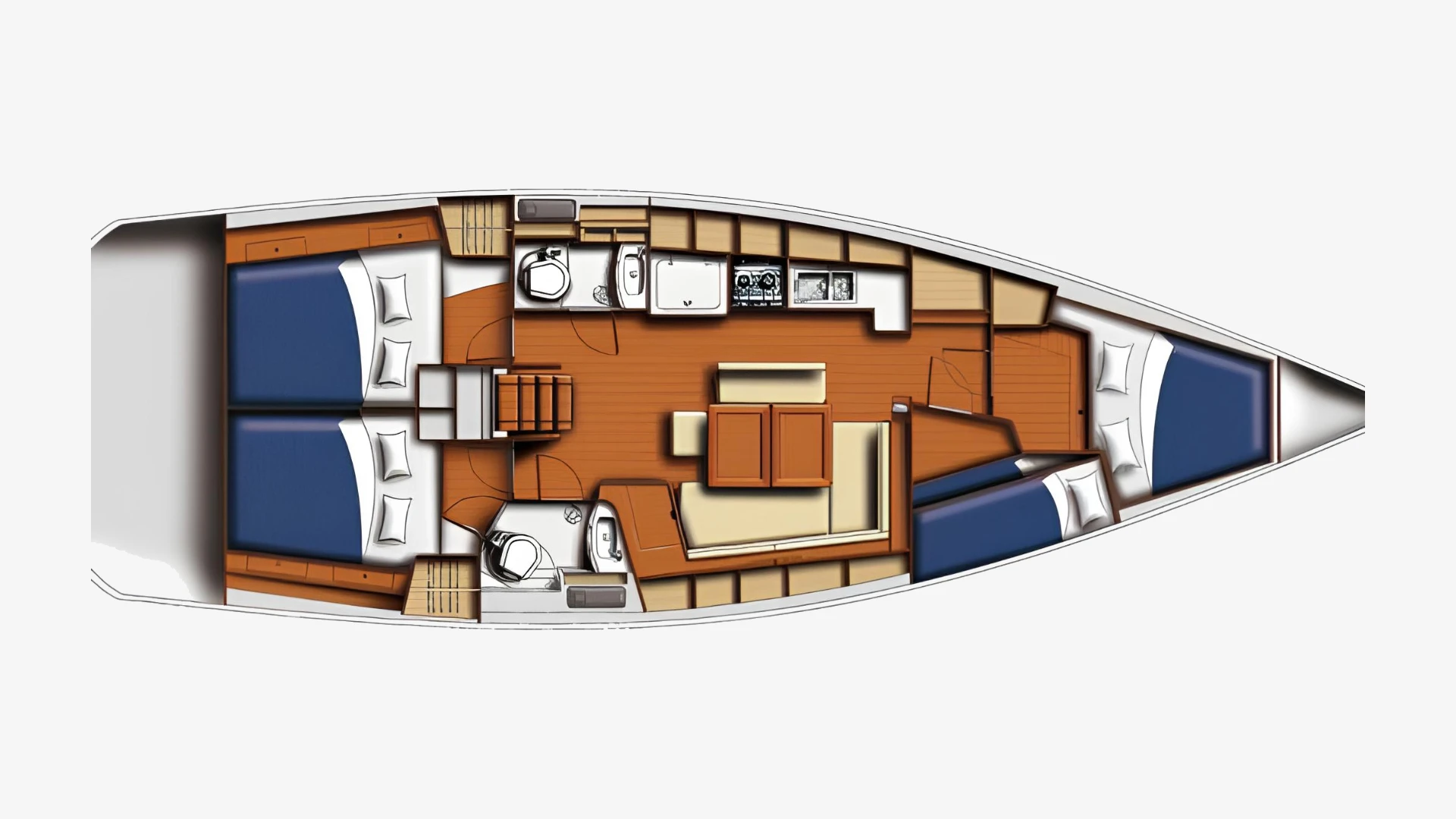 Oceanis 43 layout plan showing the cabins, heads, galley and saloon