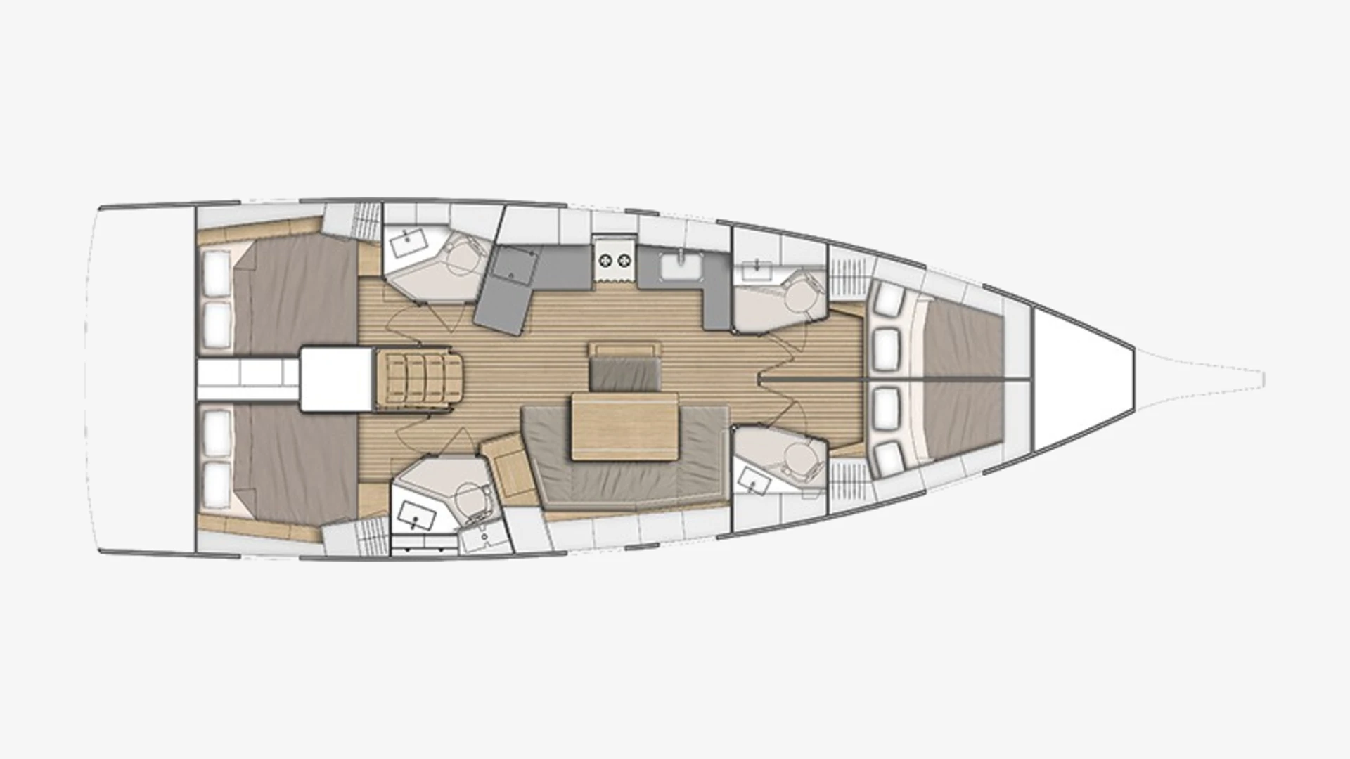 Oceanis 46.1 layout plan showing the cabins, heads, galley and saloon