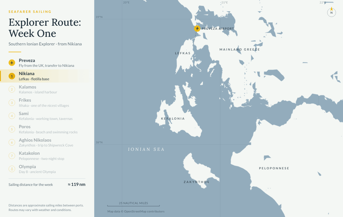 Animated map of week one of the Southern Ionian explorer flotilla: from Nikiana on Lefkas to Kalamos, Frikes on Ithaca, Sami and Poros on Kefalonia, Aghios Nikolaos on Zakynthos and Katakolon for Olympia, about 119 nautical miles
