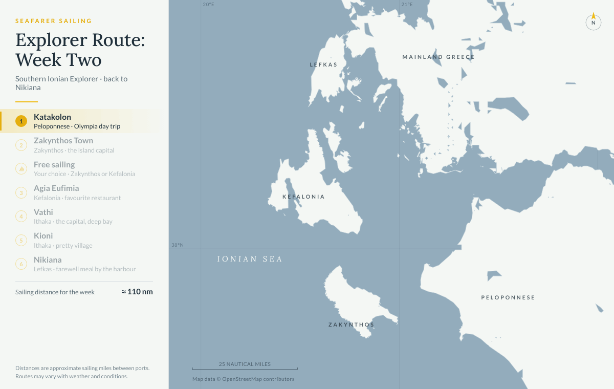 Animated map of week two of the Southern Ionian explorer flotilla: from Katakolon to Zakynthos Town, a free-sailing day, Agia Eufimia on Kefalonia, Vathi and Kioni on Ithaca and back to Nikiana, about 110 nautical miles