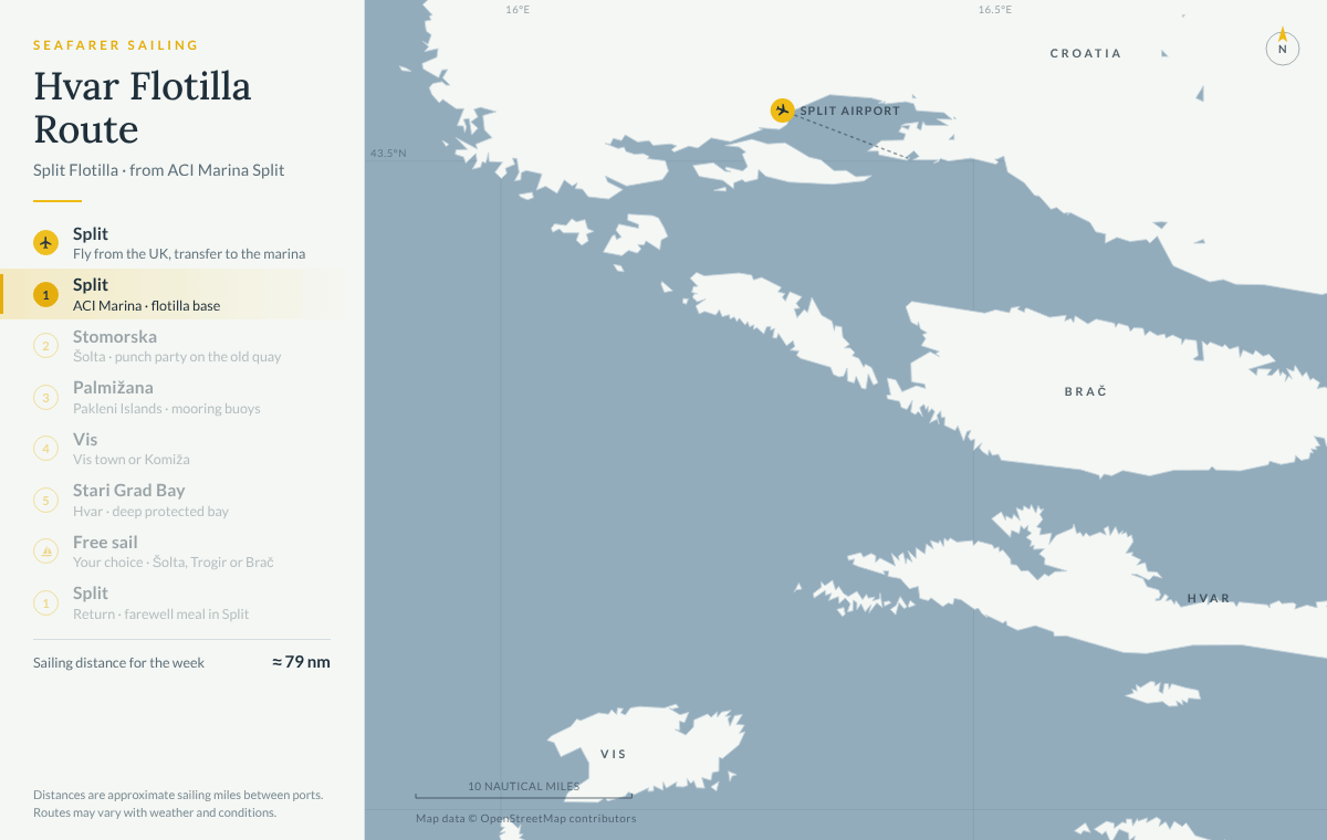 Animated map of the Hvar route on our Split flotilla: Stomorska on Šolta, Palmižana in the Pakleni Islands, Vis, Stari Grad Bay on Hvar, a free-sailing day and back to Split, about 79 nautical miles in the week