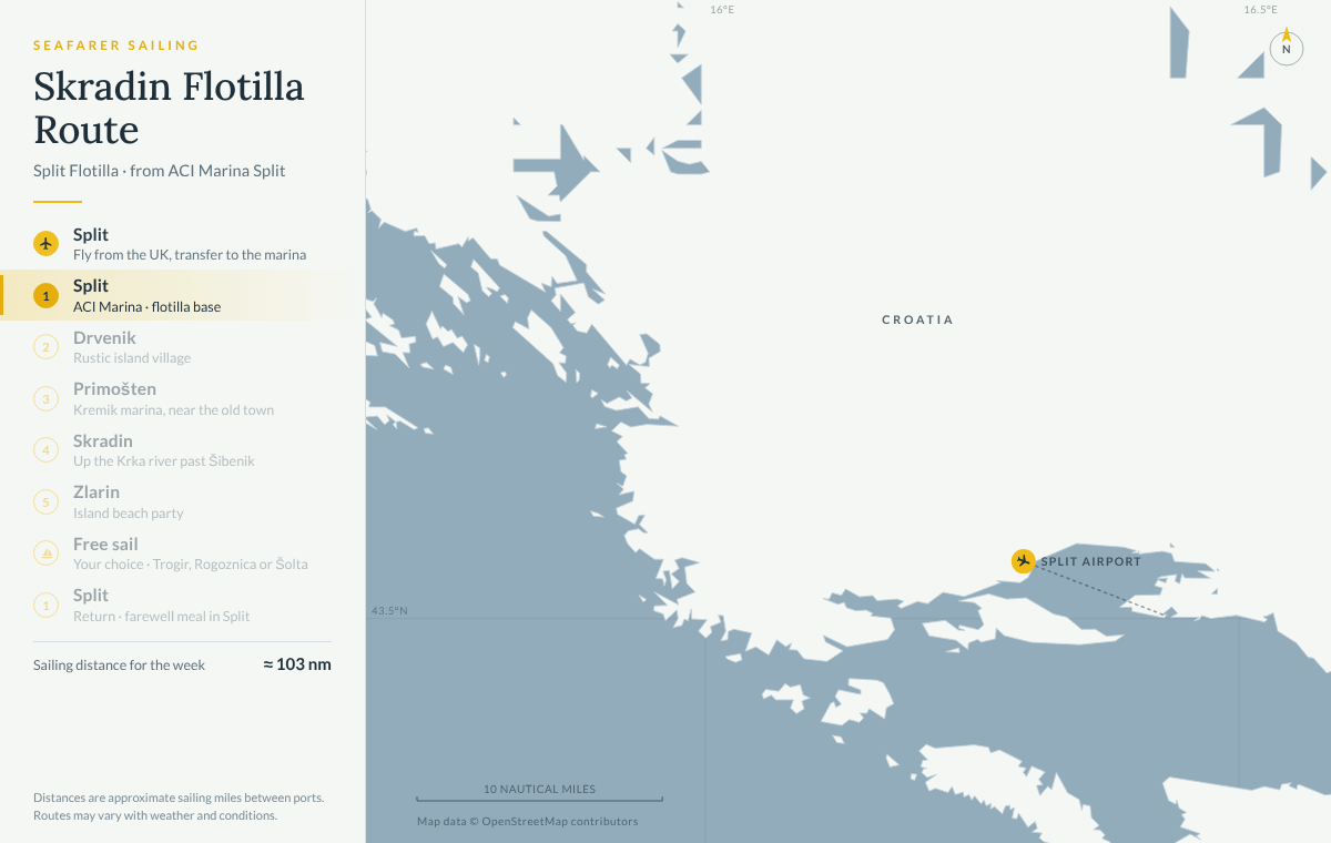 Animated map of the Skradin route on our Split flotilla: Drvenik, Primošten, up the Krka river to Skradin, Zlarin, a free-sailing day and back to Split, about 103 nautical miles in the week