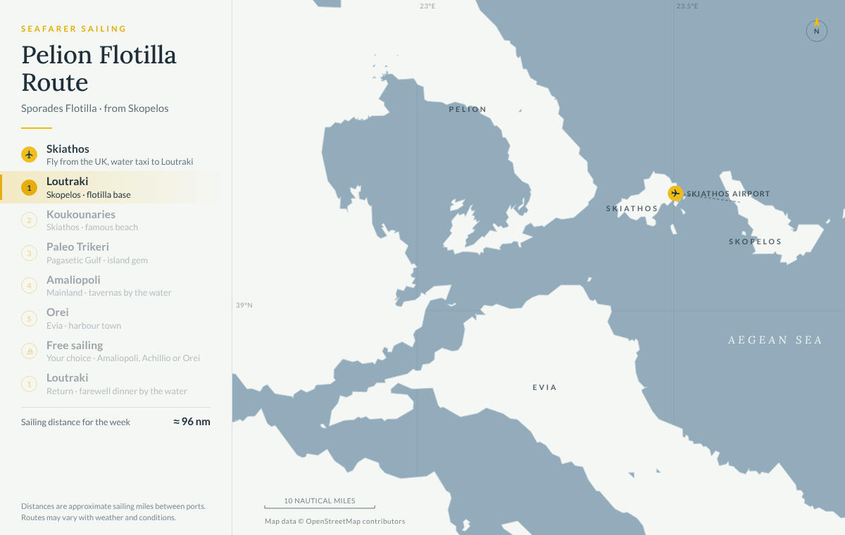 Animated map of the Pelion route on our Sporades flotilla from Loutraki on Skopelos: Koukounaries on Skiathos, Paleo Trikeri, Amaliopoli, Orei on Evia, a free-sailing day and back to Loutraki, about 96 nautical miles in the week
