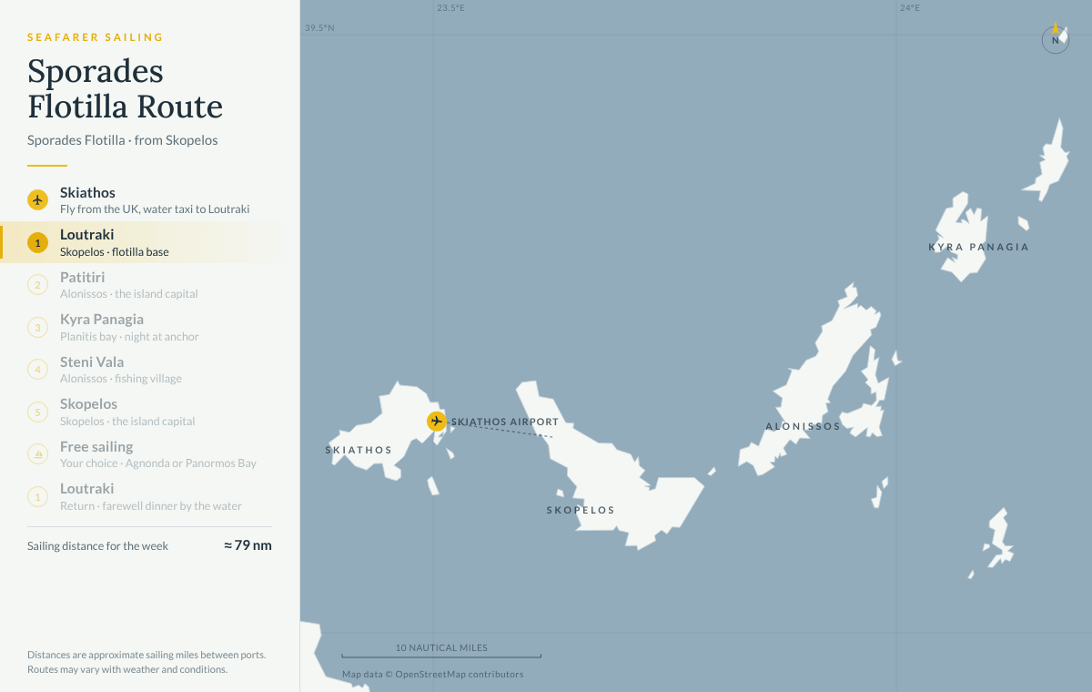 Animated map of the Sporades route on our Sporades flotilla from Loutraki on Skopelos: Patitiri on Alonissos, Kyra Panagia, Steni Vala, Skopelos town, a free-sailing day and back to Loutraki, about 79 nautical miles in the week