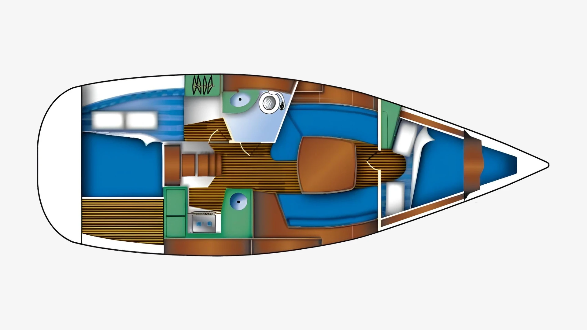 Sun Odyssey 32i layout plan showing the cabins, heads, galley and saloon