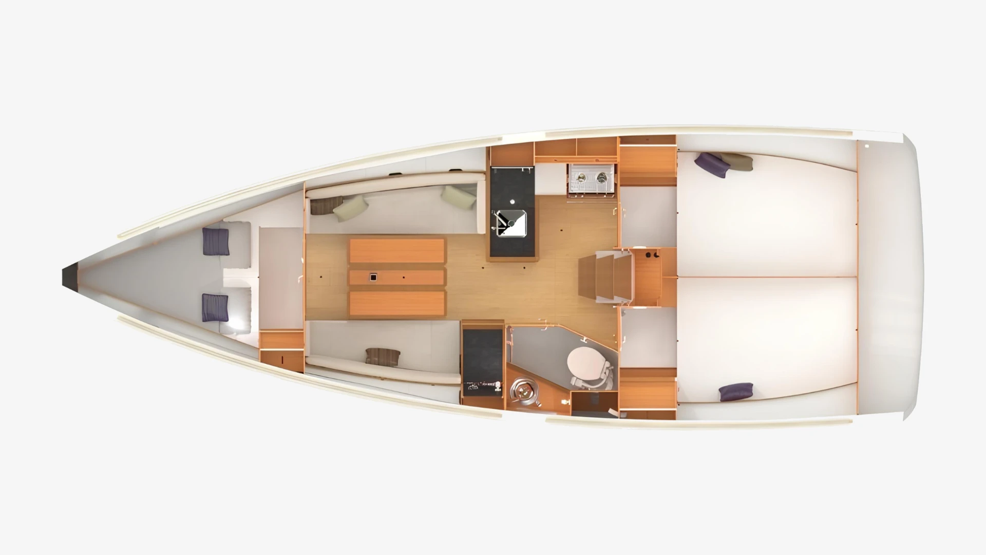 Sun Odyssey 349 layout plan showing the cabins, heads, galley and saloon