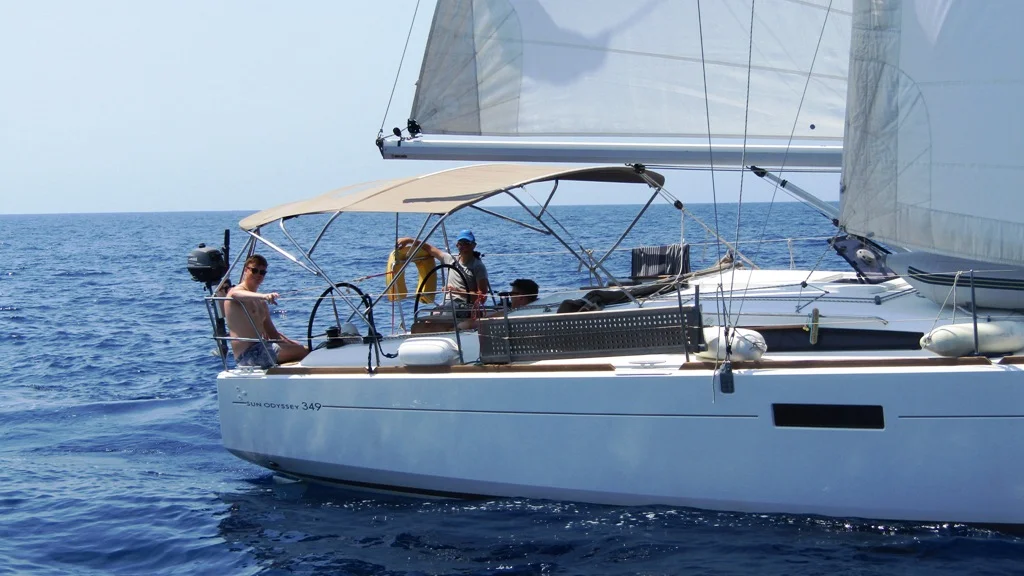 The Sun Odyssey 349 under sail with guests on board