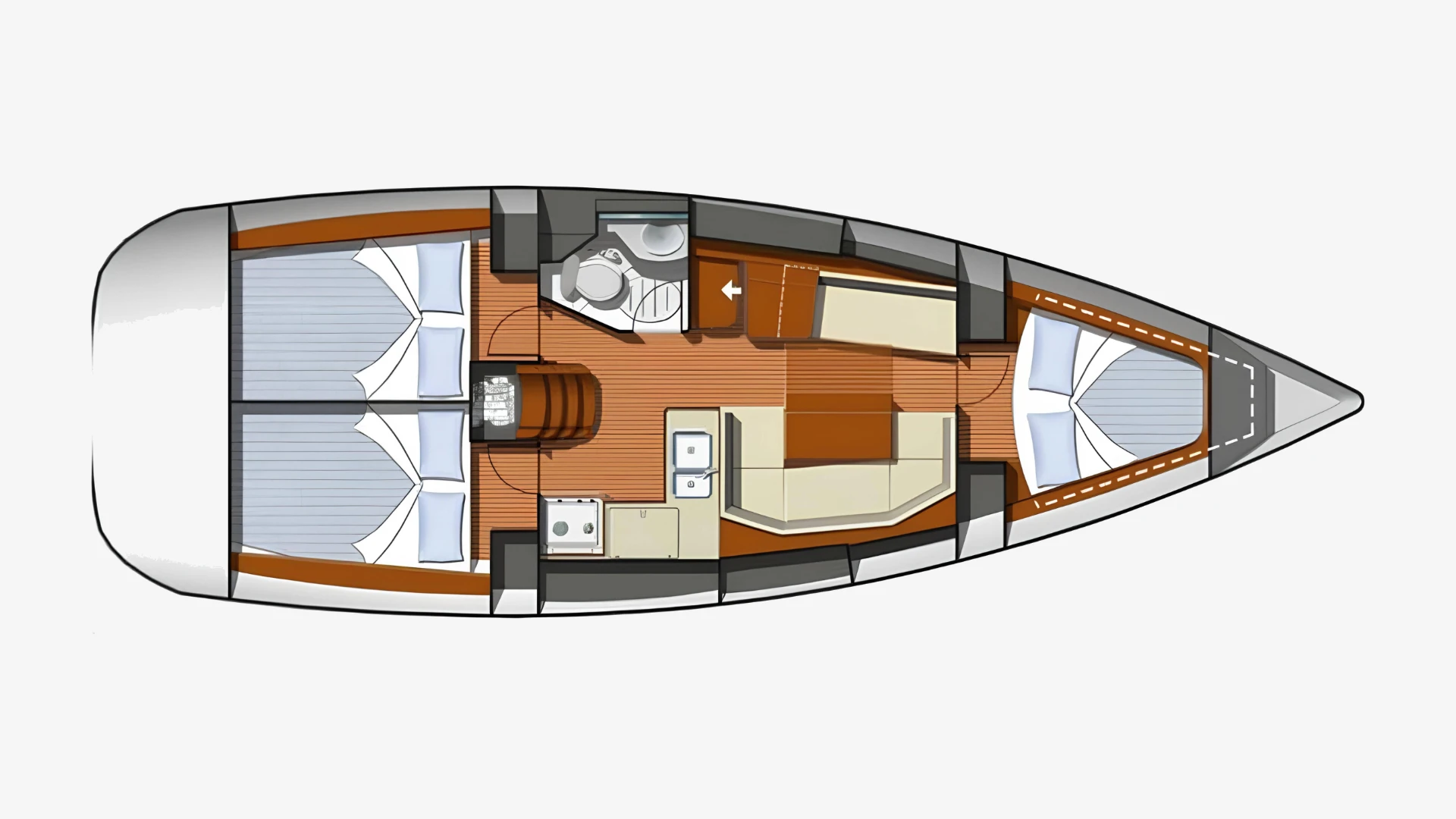 Sun Odyssey 36i layout plan showing the cabins, heads, galley and saloon