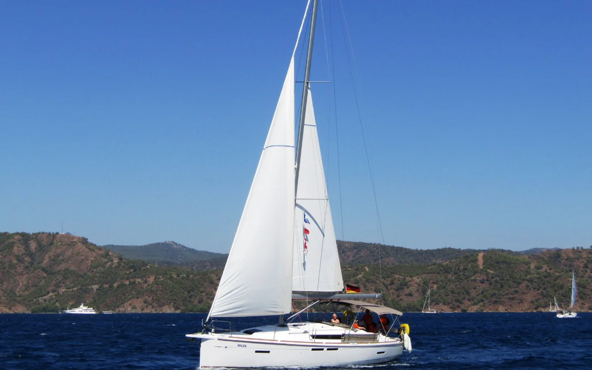 The Sun Odyssey 419 under sail on the Seafarer Fethiye flotilla